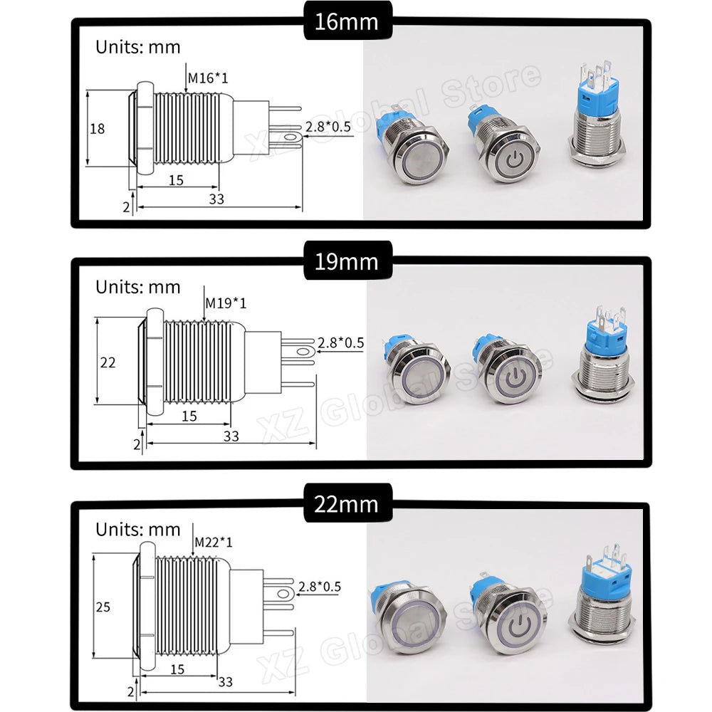 19mm 22mm Two-color Metal Push Button Switch With Waterproof Lamp Doorbell Car Momentary/Reset Latching/Fixation 12V 24V 220V