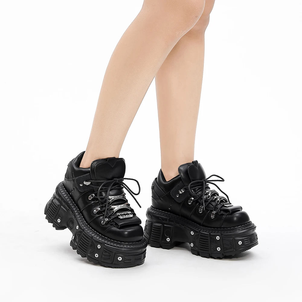 2026  Woman Sneakers New Punk Style Women Shoes Gothic Ankle Rock Boots Lace-up Heel Height Platform Shoes Woman Metal Decor