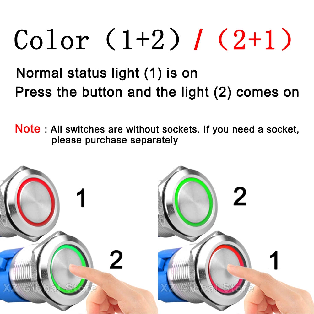 19mm 22mm Two-color Metal Push Button Switch With Waterproof Lamp Doorbell Car Momentary/Reset Latching/Fixation 12V 24V 220V