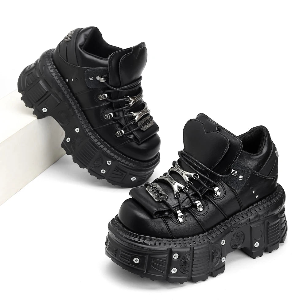 2026  Woman Sneakers New Punk Style Women Shoes Gothic Ankle Rock Boots Lace-up Heel Height Platform Shoes Woman Metal Decor