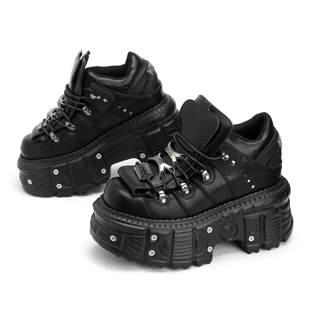 2026  Woman Sneakers New Punk Style Women Shoes Gothic Ankle Rock Boots Lace-up Heel Height Platform Shoes Woman Metal Decor